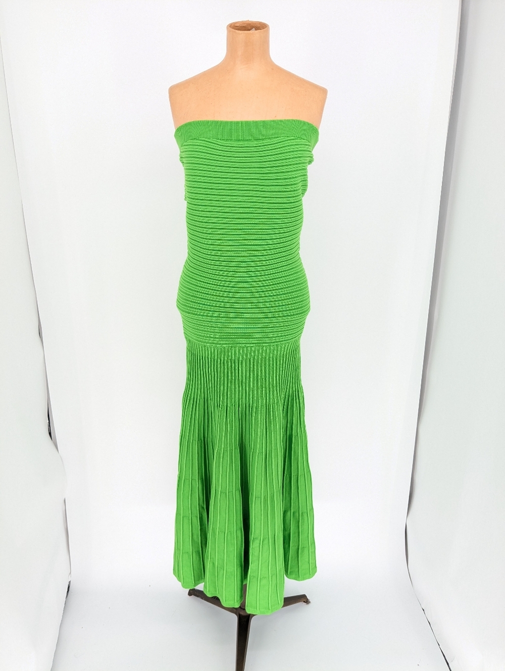NWT Commense Lime Green Ribbed Knit Strapless Maxi Dress Womens Size Small